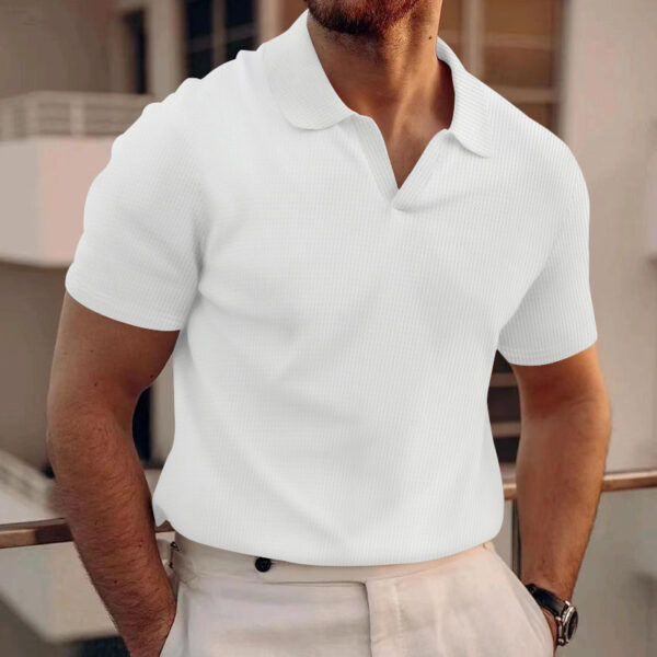 INS Waffle Lapel Short-sleeved T-shirt Summer Fashion Solid Color V-neck Polo Shirt Tops Men's Clothing - Image 10