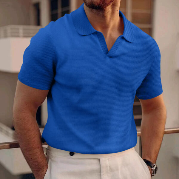 INS Waffle Lapel Short-sleeved T-shirt Summer Fashion Solid Color V-neck Polo Shirt Tops Men's Clothing - Image 2