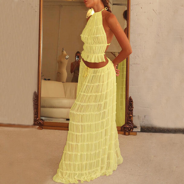 2pcs Women's Dress Suit Sexy Sleeveless Backless Cropped Halter Top And Pleated Long Skirt Beach Clothing - Image 10