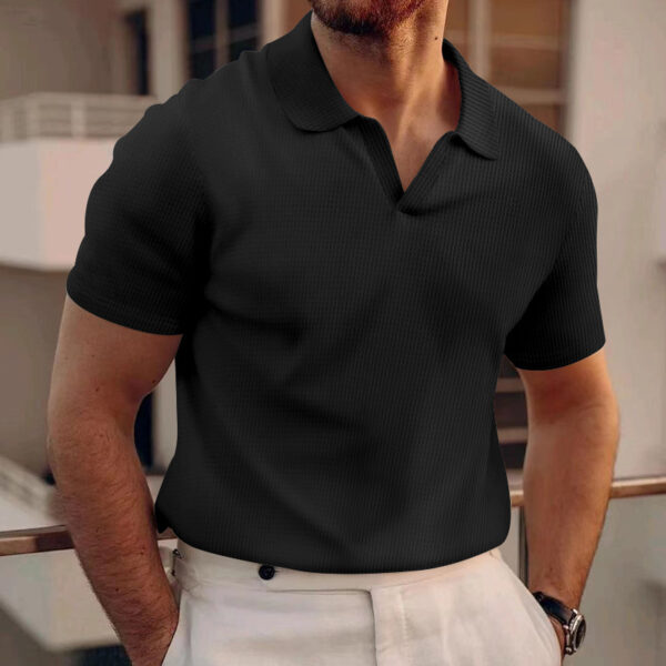 INS Waffle Lapel Short-sleeved T-shirt Summer Fashion Solid Color V-neck Polo Shirt Tops Men's Clothing - Image 6
