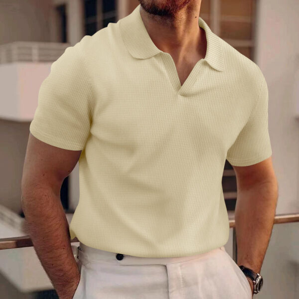 INS Waffle Lapel Short-sleeved T-shirt Summer Fashion Solid Color V-neck Polo Shirt Tops Men's Clothing - Image 8