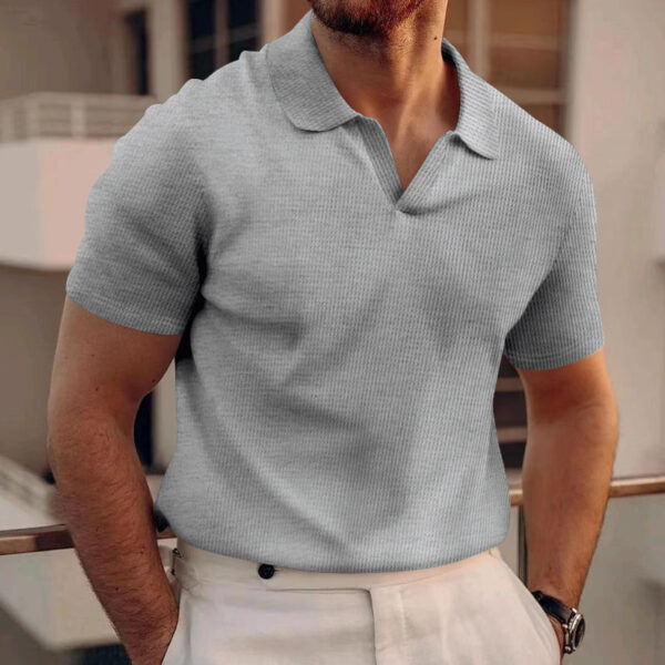 INS Waffle Lapel Short-sleeved T-shirt Summer Fashion Solid Color V-neck Polo Shirt Tops Men's Clothing - Image 7