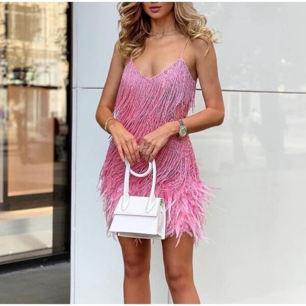 Sexy Tassel Sequins Feather Summer Mini Dress Women V Neck Spaghetti Strap Stitching Dresses Female Elegant Evening Party Club Dress - Image 7