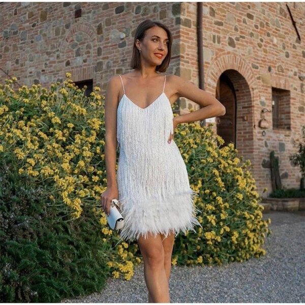 Sexy Tassel Sequins Feather Summer Mini Dress Women V Neck Spaghetti Strap Stitching Dresses Female Elegant Evening Party Club Dress - Image 6