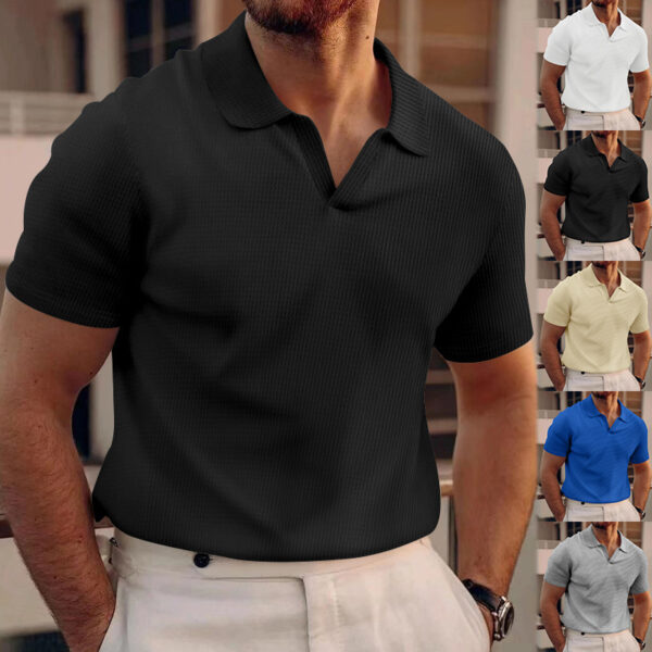 INS Waffle Lapel Short-sleeved T-shirt Summer Fashion Solid Color V-neck Polo Shirt Tops Men's Clothing - Image 3