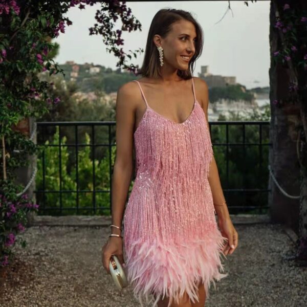 Sexy Tassel Sequins Feather Summer Mini Dress Women V Neck Spaghetti Strap Stitching Dresses Female Elegant Evening Party Club Dress - Image 5